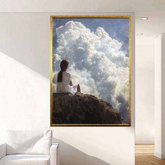 Dreamy Cloudscape Wall Art Surreal Girl On Cliff Painting Cloud Wall Art Tranquil Sky Photography Large Framed Home Decor