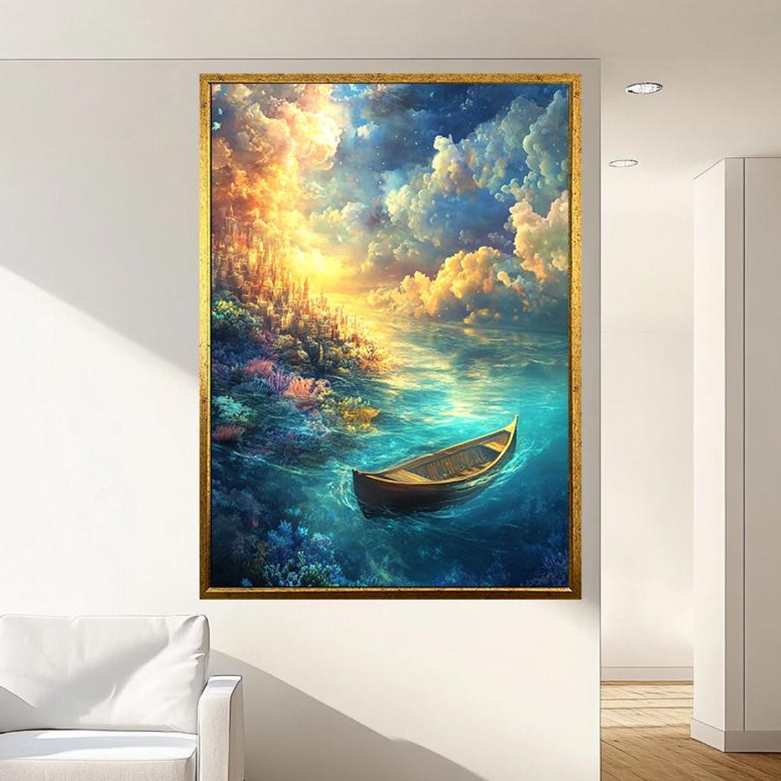 Small Rowboat On Turquoise Water Under Golden Sunset Clouds Poster