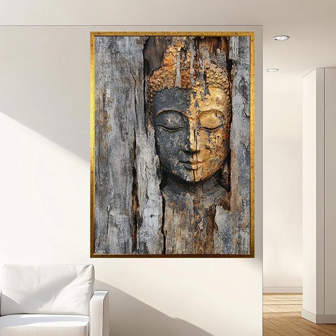 Ancient Weathered Wood Buddha Face With Gilded Gold Accents Poster