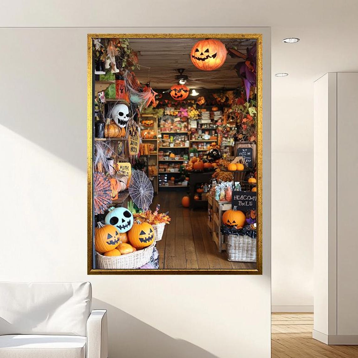 Festive Halloween Store Interior With Pumpkins Skulls And Decor Poster