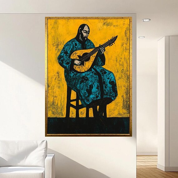 Oud Player in a Blue Robe on a Bold Yellow Modern Art Poster
