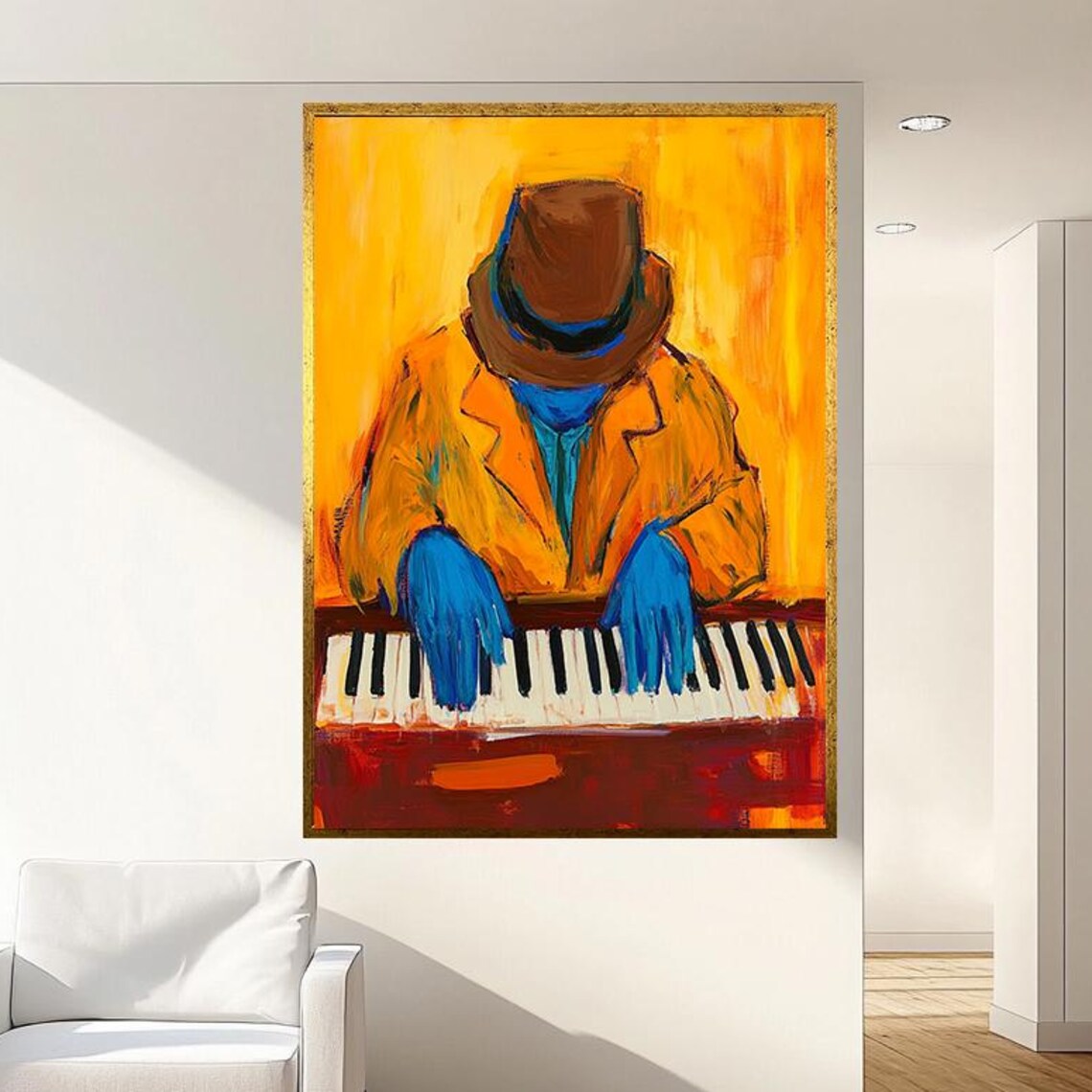 Jazz Pianist In Fedora With Blue Hands On Expressive Orange Keys Poster