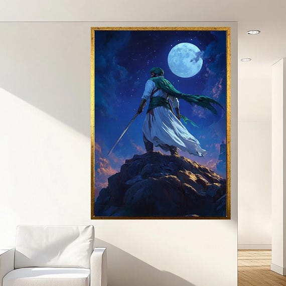 Epic Moonlight Wall Art Heroic Fantasy Painting Print Night Sky Battle Scene Mysterious Sword Fighter Artwork Legendary Warrior Decor