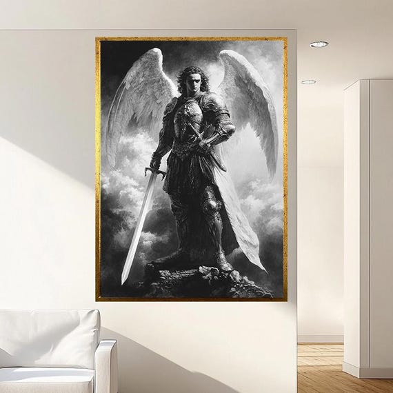 Archangel Michael Wall Art Print Black And White Angel Warrior Painting Gothic Fantasy Artwork Angel Print Religious Wall Art