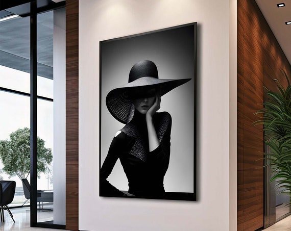 Monochrome Woman In Hat Canvas Black And White Fashion Wall Art Elegant Silhouette Portrait For Bedroom Or Office Decor