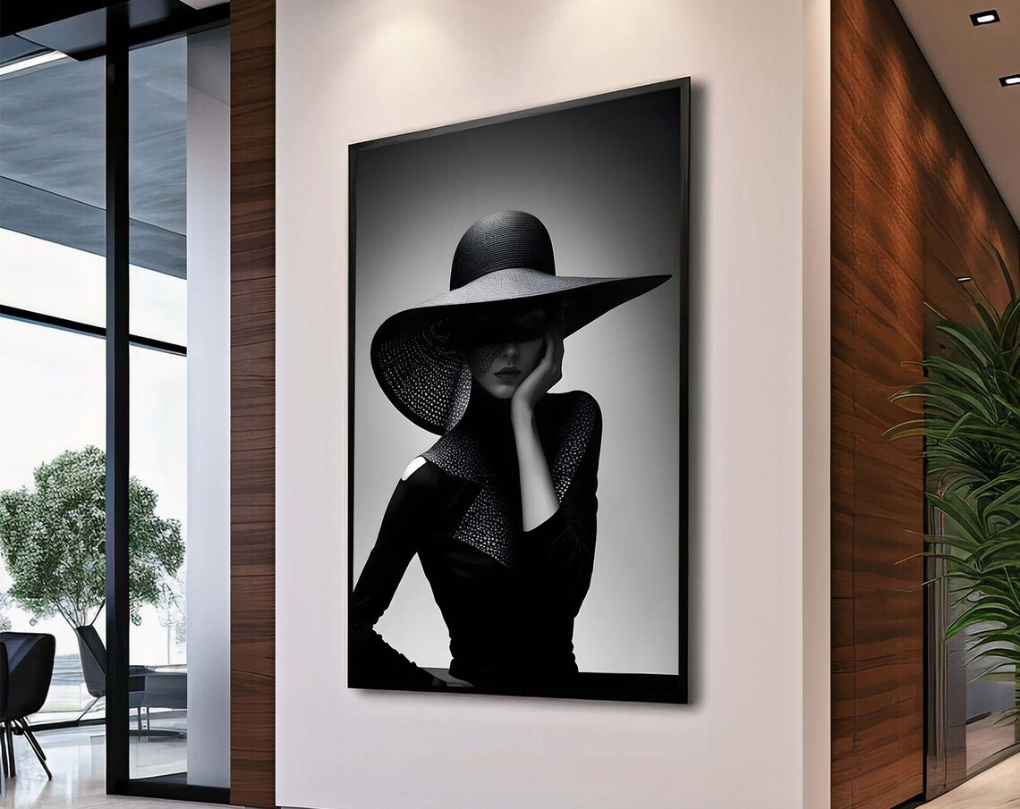 Monochrome Woman In Wide Brim Hat Elegant Fashion Art Poster