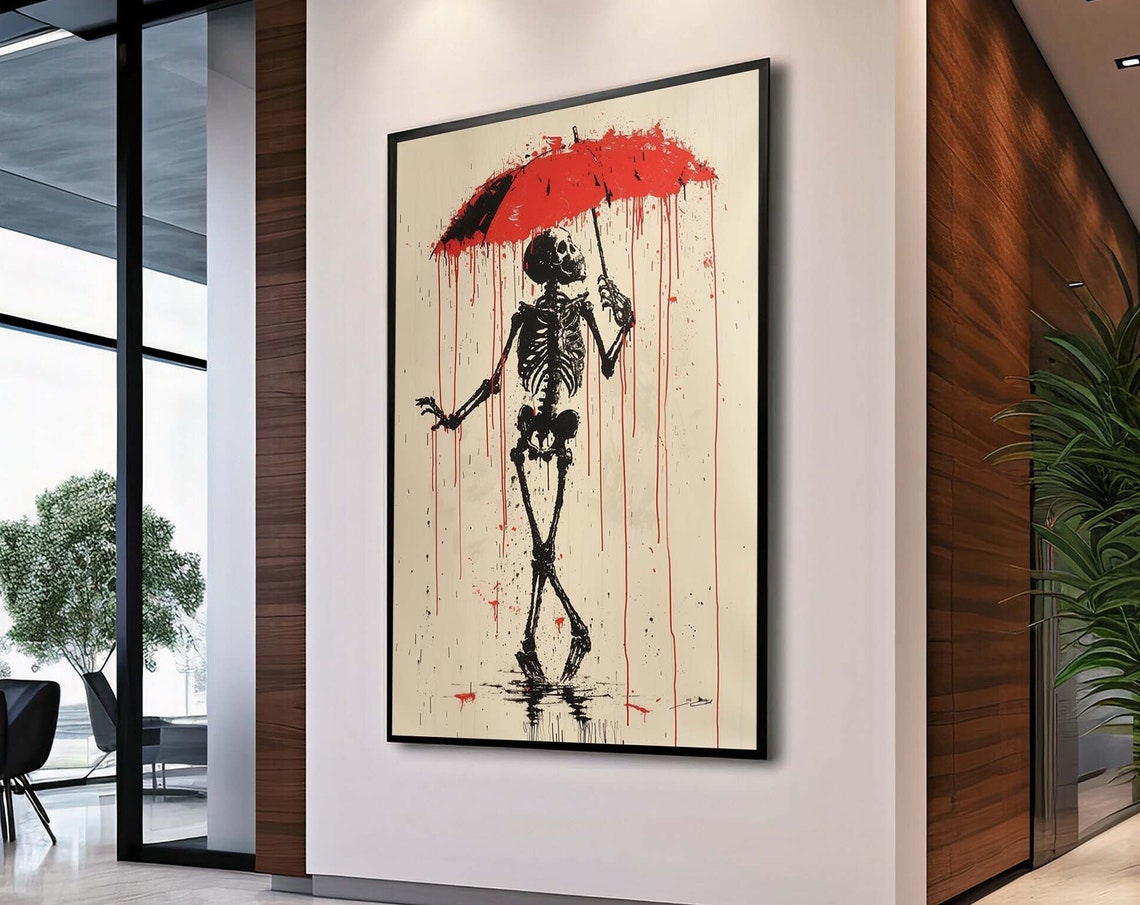 Skeleton With Red Umbrella Canvas Edgy Art Bold Wall Print Modern Gothic Decorready To Hang Canvasunique