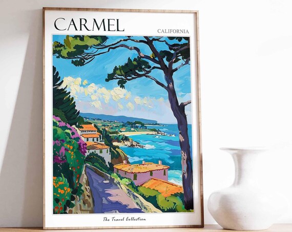 Carmel California Coastal Cliffs Sea Cottage Scenic Travel Poster