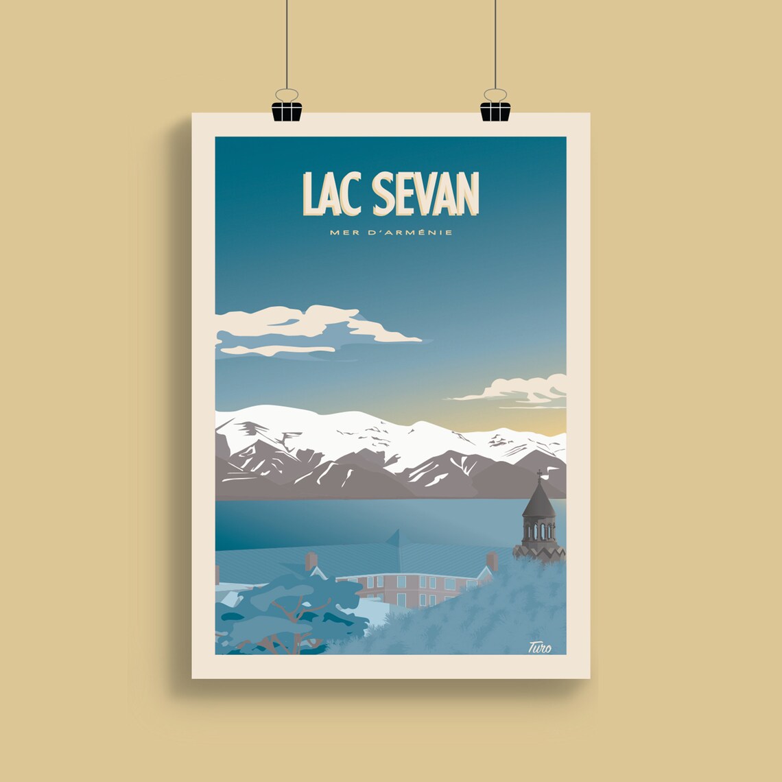 Lake Sevan Vintage Travel Poster, Armenia Monastery