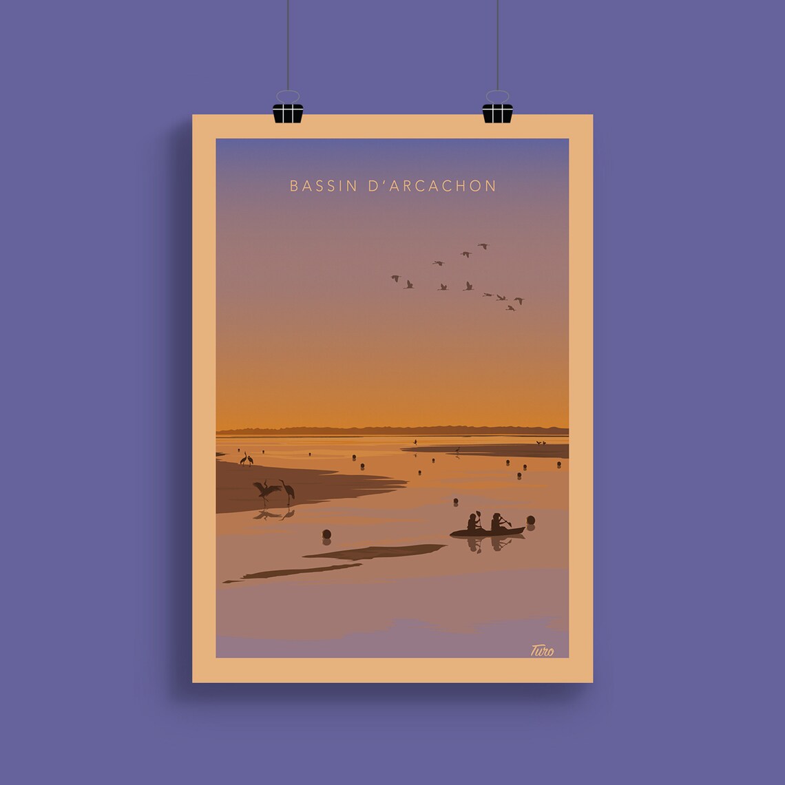 Bassin d'Arcachon Ile aux Oiseaux Canoe Sunset Retro Travel Poster - Image 2