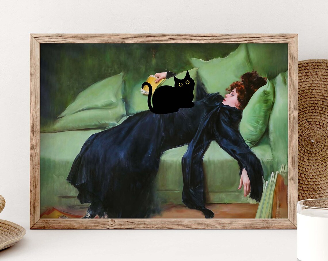 Black Cat Lounging After the Dance Ramon Casas Inspired Poster