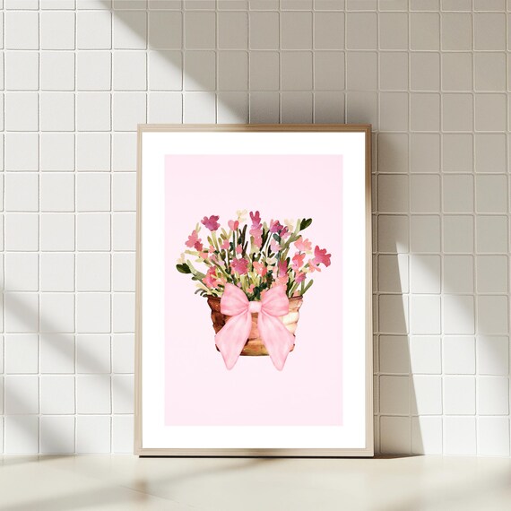 Pink Floral Basket Bow Cute Watercolor Boho Home Decor Print