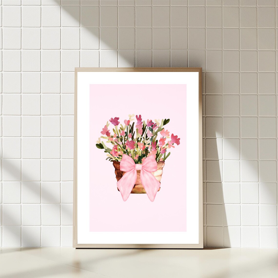 Pink Floral Basket Bow Cute Watercolor Boho Home Decor Print