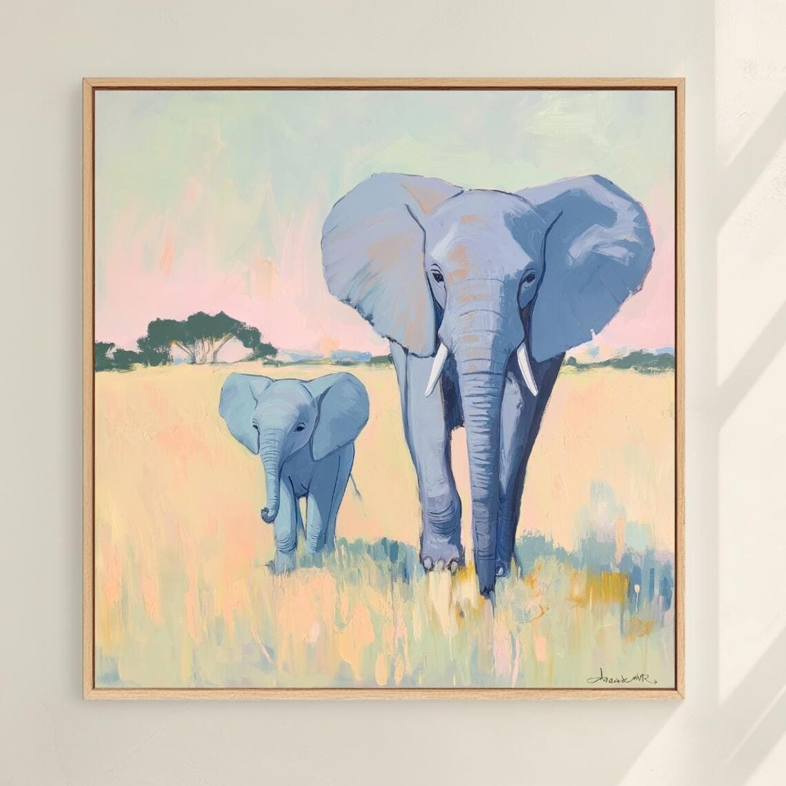 Beautiful Mother And Baby Elephant Pastel Safari Scene Wall Art
