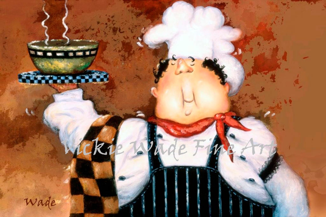 Whimsical Fat Chef Proudly Serving a Steaming Bowl Kitchen Poster