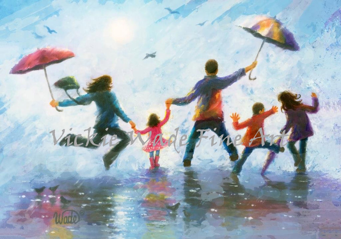 Rain Family Three Children Art Print Two Girls And Boy Two Daughters And Son Family Of Five Playing In The Rain Vickie Wade Art