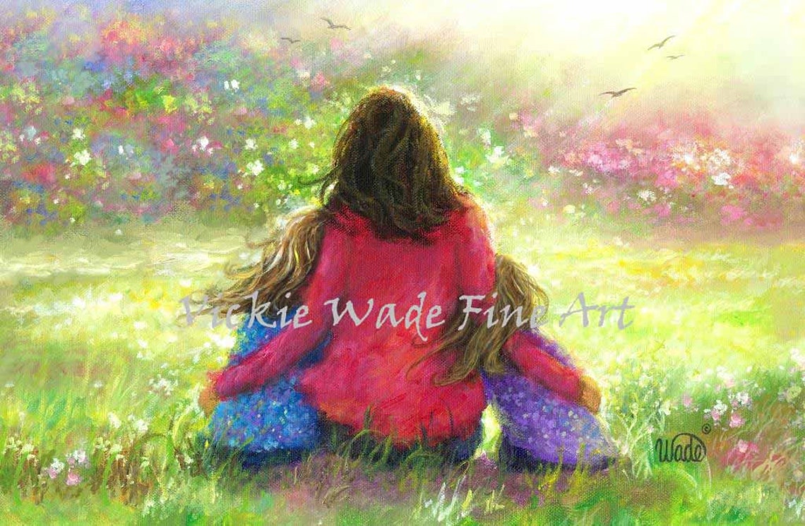Mother Hugging Two Daughters in a Sunlit Flower Meadow Poster