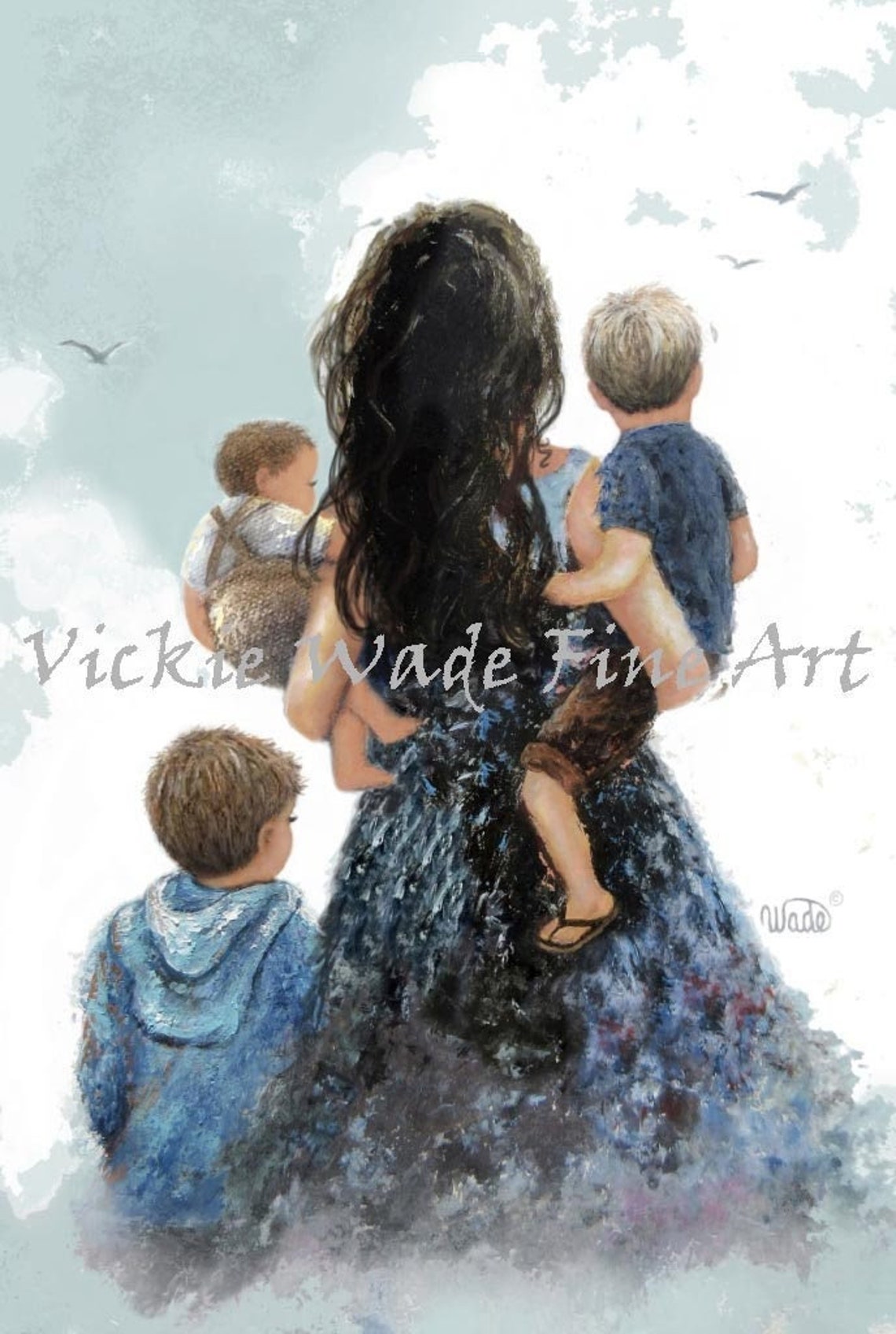 Mother Carrying Her Three Young Sons Beneath Soft Clouds Poster