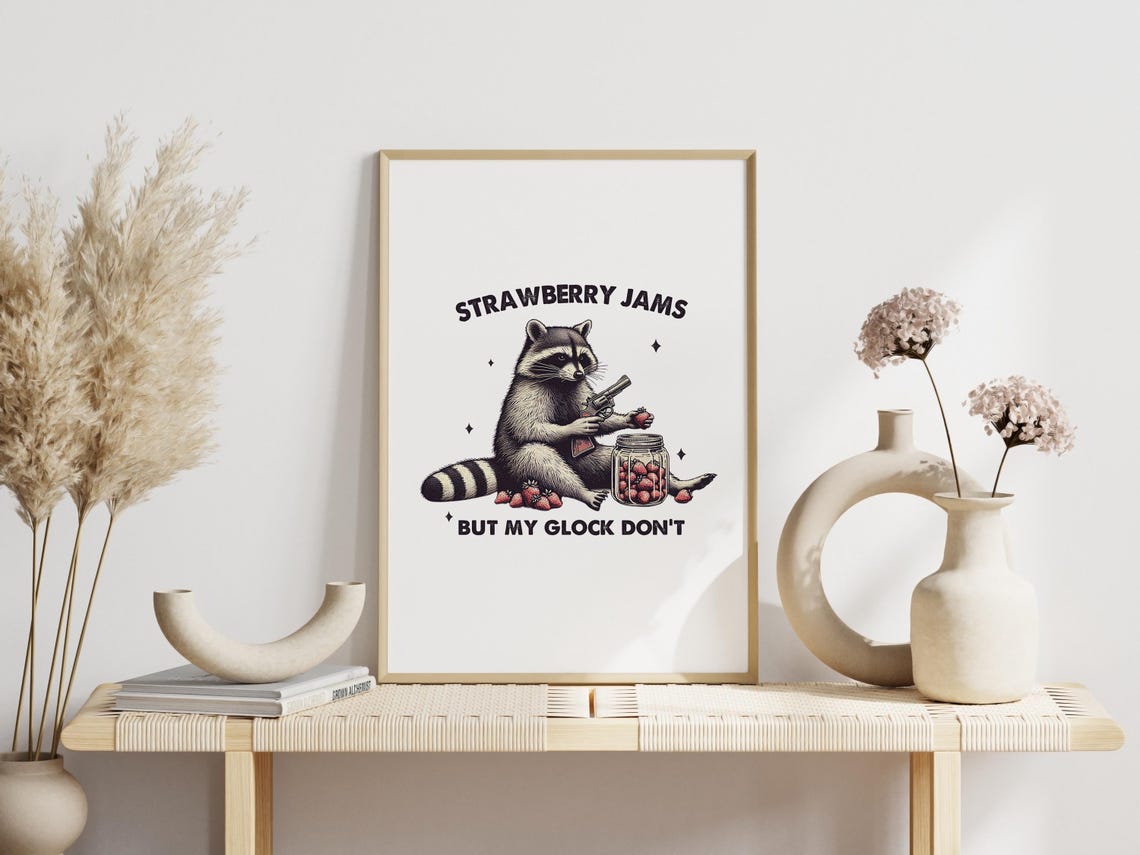 Funny Vintage Raccoon Wall Art Poster Strawberry Jams But My Glock Dont Quote Wall Print Trendy Humorous Animal Art Cowboy Raccoon Art - Image 2