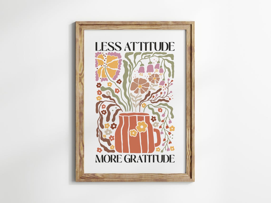 Less Attitude More Gratitude Bohemian Retro Floral Vase Poster - Image 2