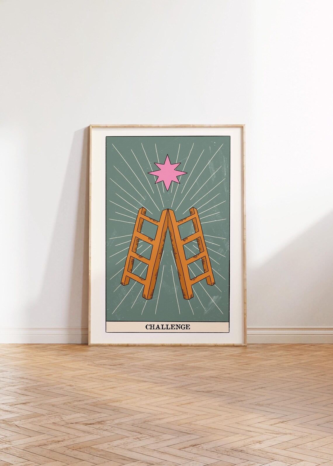 Challenge Tarot Card Art with Wooden Ladders and Pink Star Poster - Image 3
