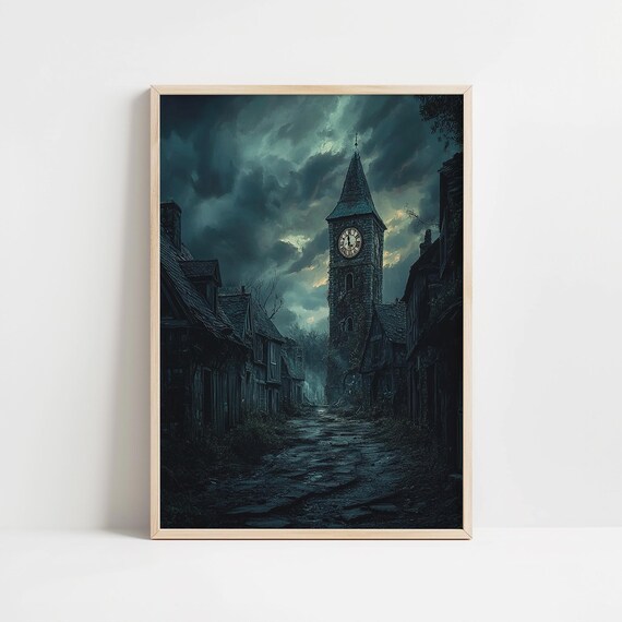 Abandoned Old Town Clock Tower Gothic Night Street Scene Poster
