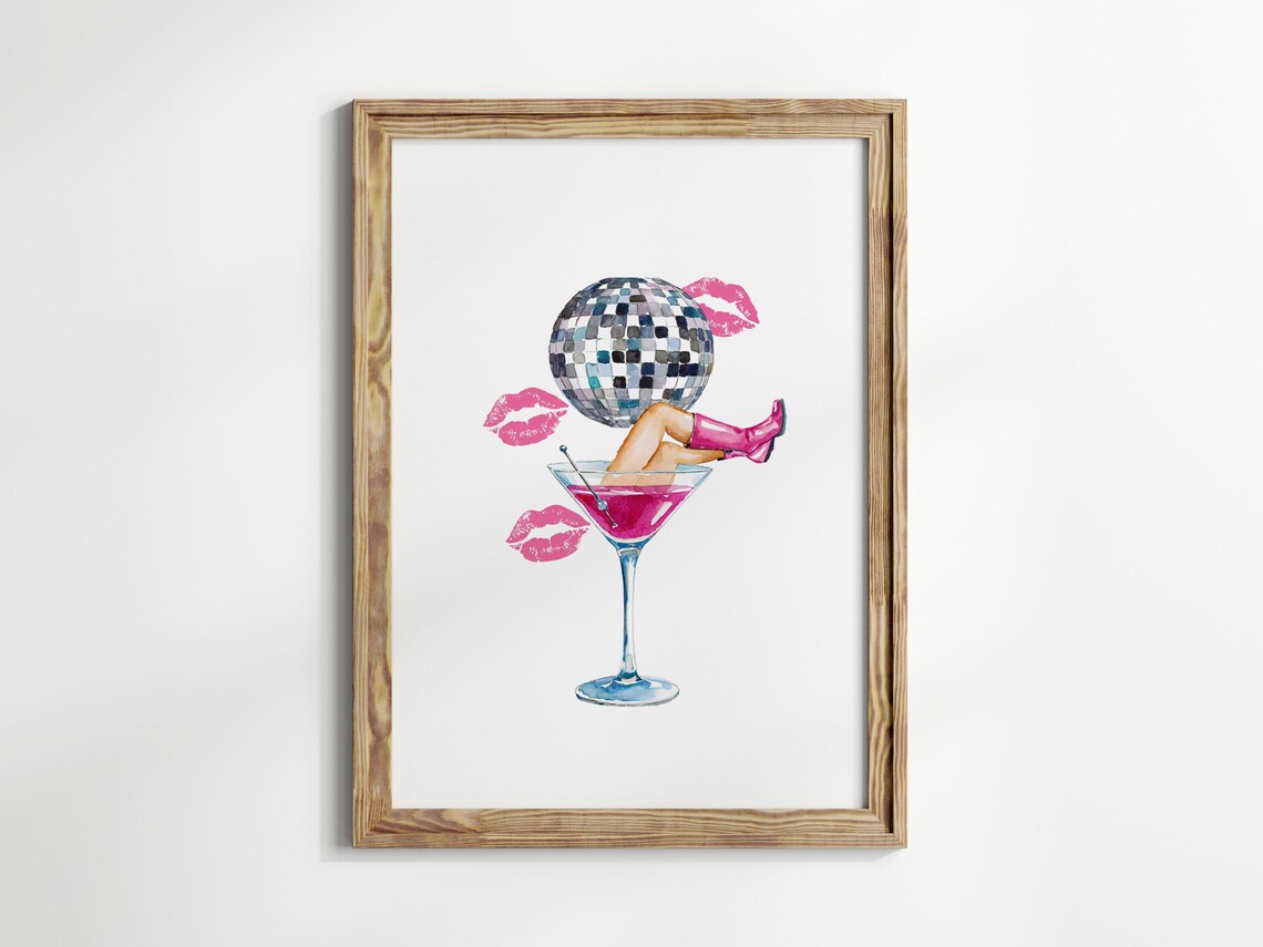 Pink Disco Martini Watercolor Party Cocktail Glass Boots Kisses Poster - Image 2