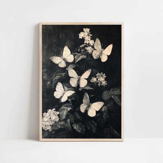 Whimsical Butterflies Moody Dark Academia Wall Art Painting Whimsigoth Botanical Oil Painting Vintage Cottagecore Decor Maximalist Print