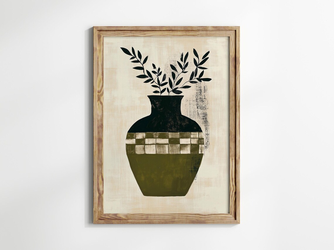 Olive Green Vase Checkered Band Botanical Midcentury Art Poster - Image 3