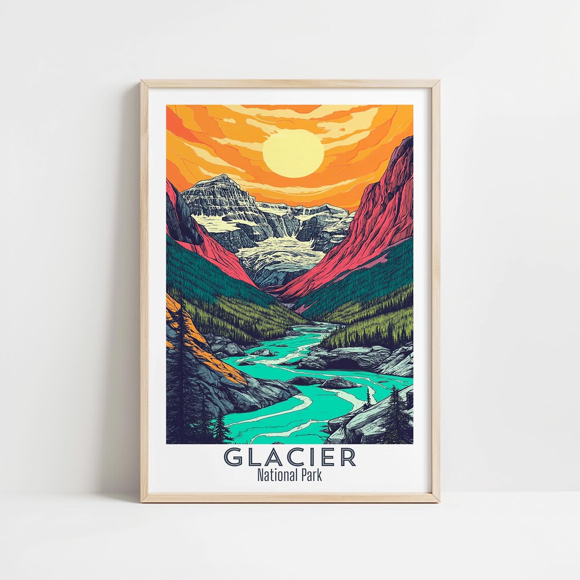 Glacier National Park Orange Sunset Glacier Valley Travel Poster