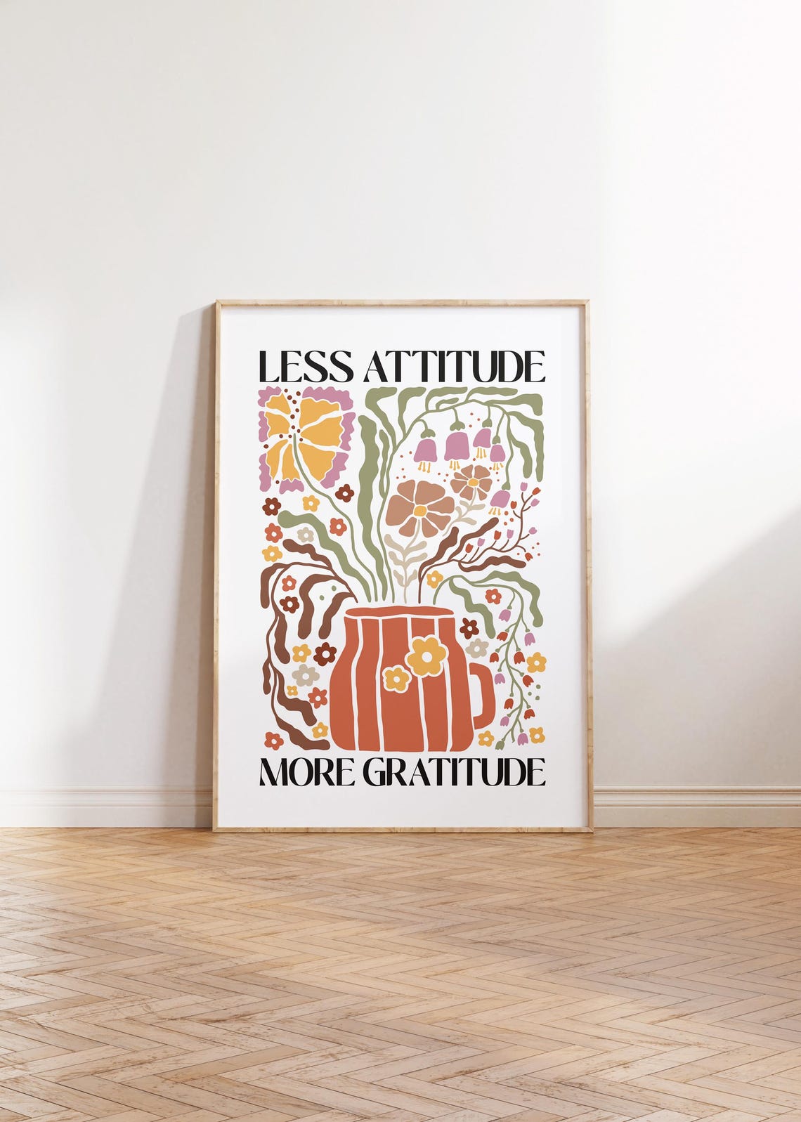 Less Attitude More Gratitude Bohemian Retro Floral Vase Poster - Image 3