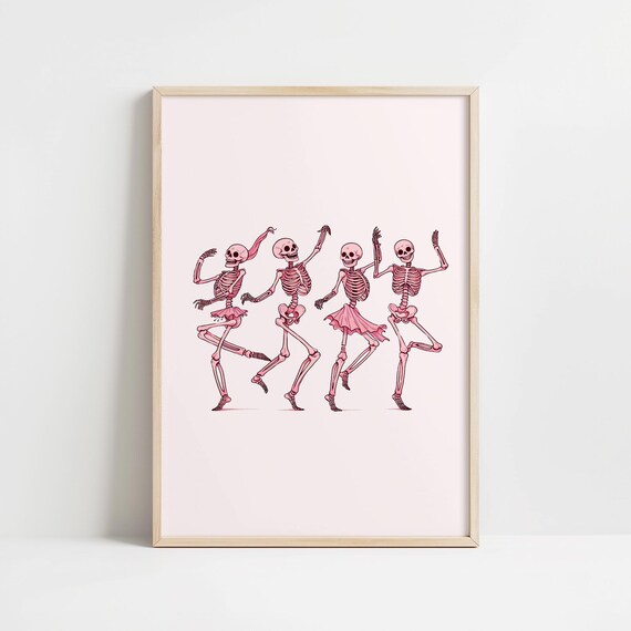 Pink Dancing Skeletons In Tutus Halloween Coquette Fun Art Poster