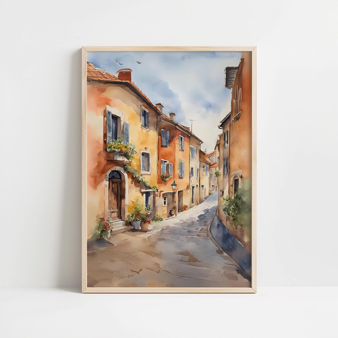 Sunlit European Village Street Watercolor Travel Scene Wall Art