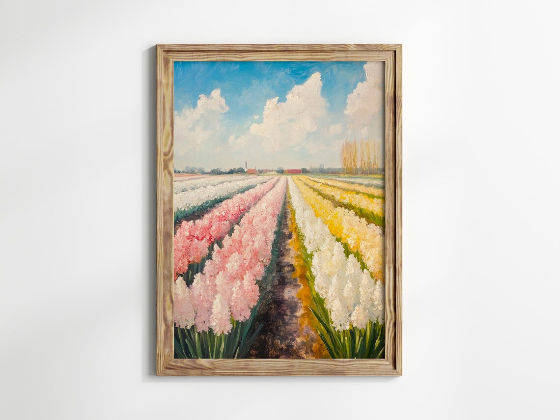 Colorful Tulip Field Rows Blue Sky Farm Landscape Painting Poster - Image 2
