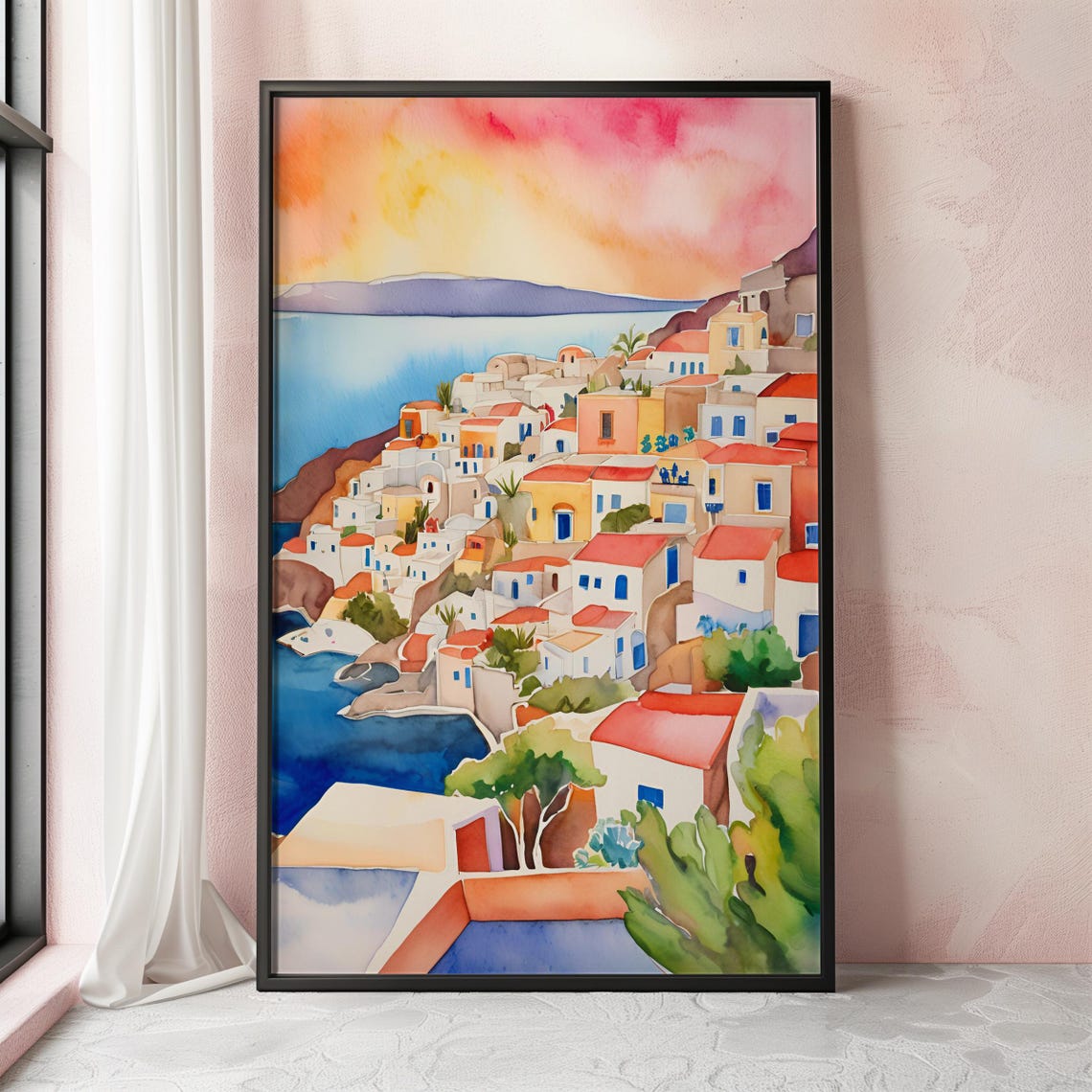 Greek Coastal Village Sunset Watercolor Aegean Sea Art Print - Image 2