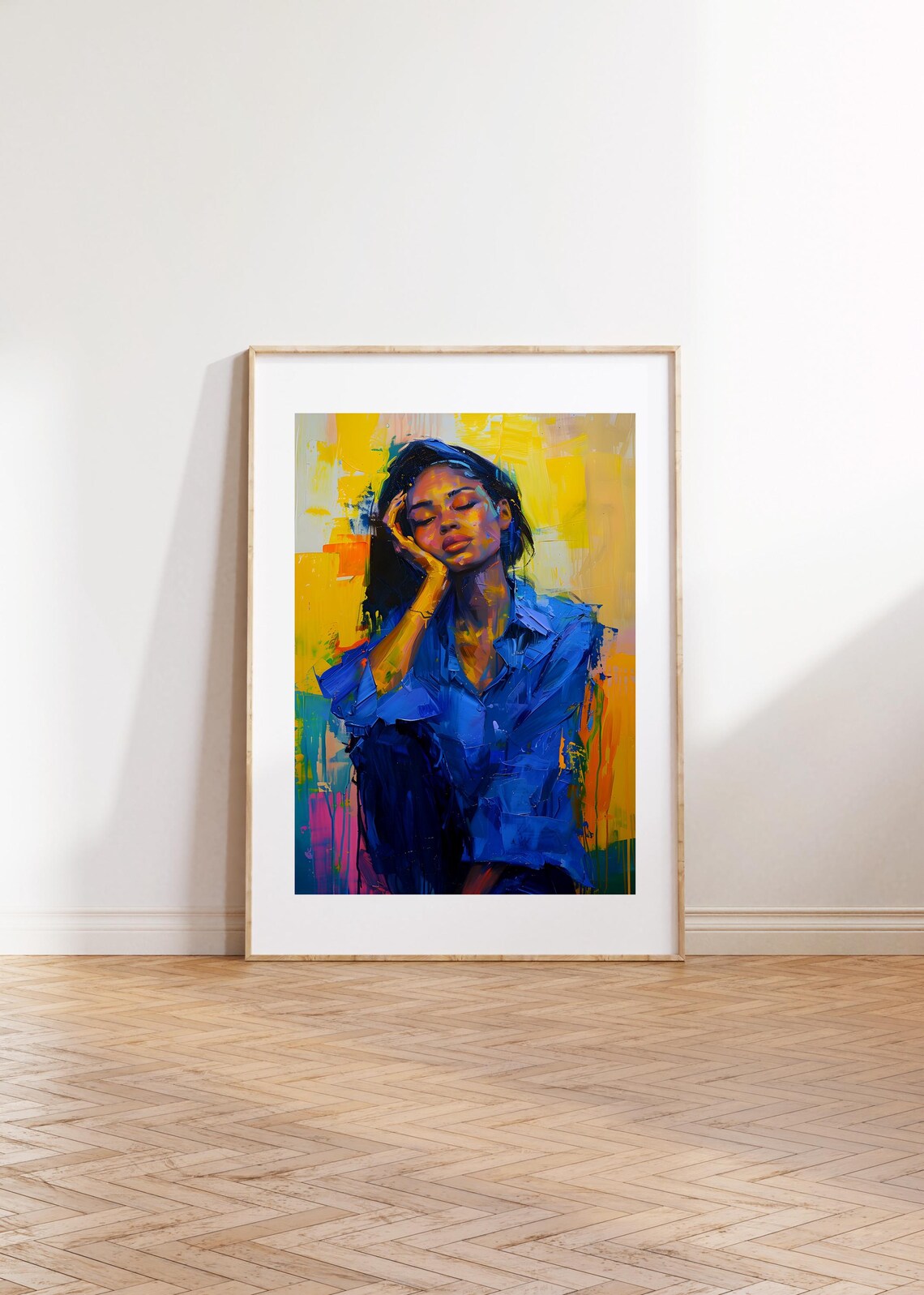 Contemplative Woman Portrait Vibrant Blue Oil Painting Poster - Image 2
