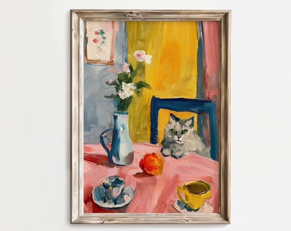 Retro Fauvism Cat On A Dining Table Art Print