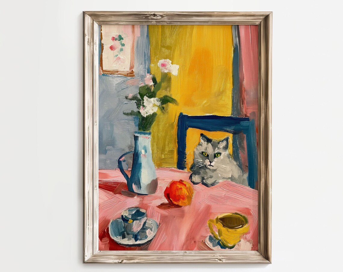 Retro Fauvism Cat On A Dining Table Art Print