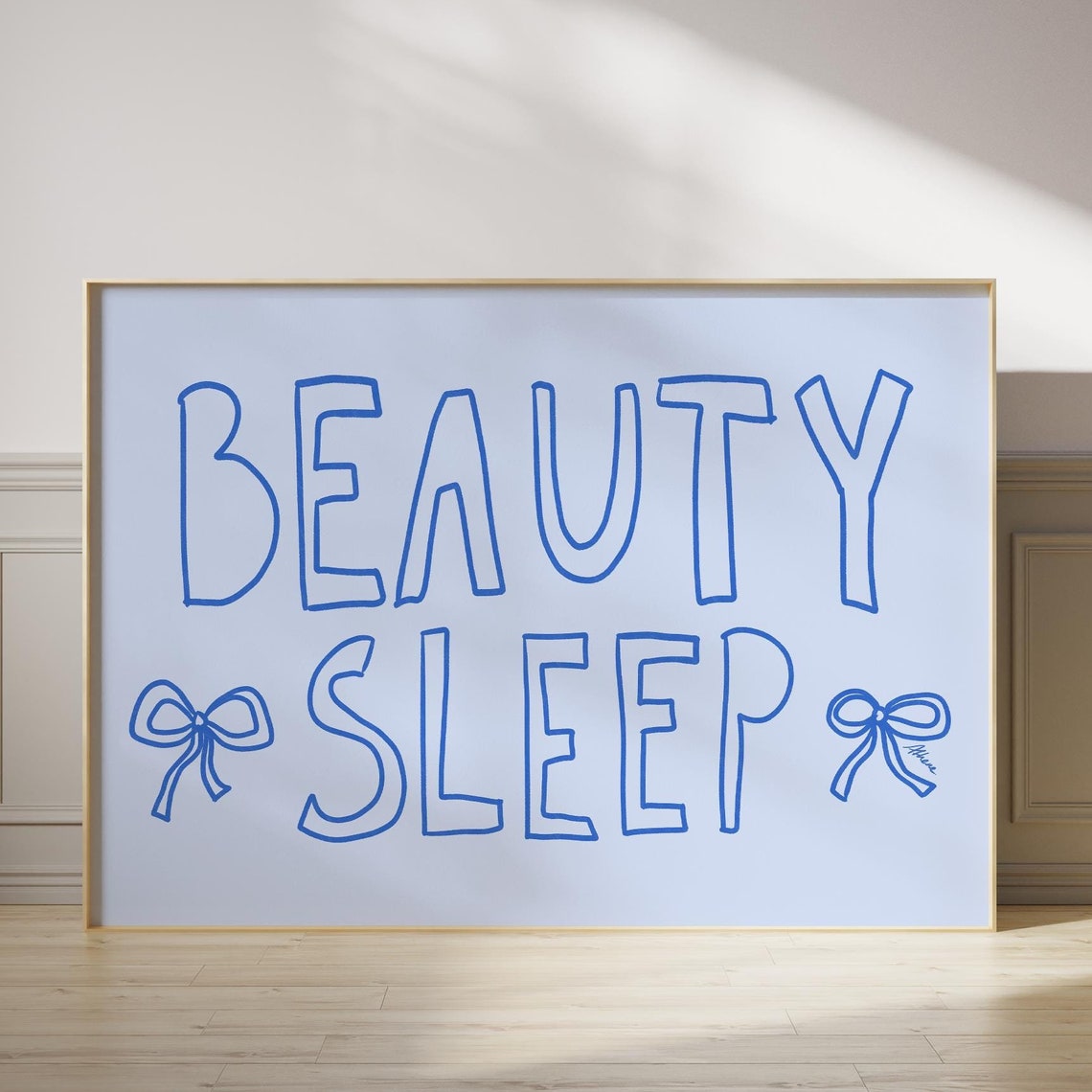 Beauty Sleep Blue Hand Lettered Doodle with Bows Bedroom Poster