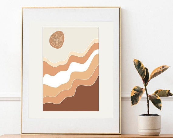 Abstract Sun And Mountains Wall Art Neutral Art Mid Century Modern Art Contemporary Art Boho Room Decor Nature