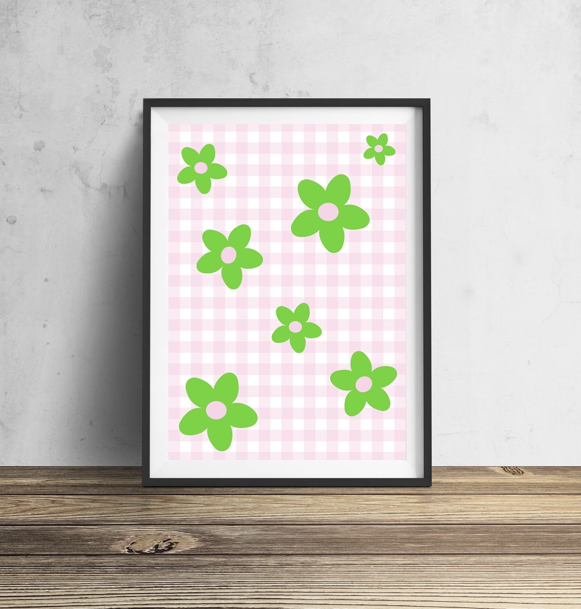 Green Daisy Flower Pink Gingham Pattern Retro Floral Art Poster - Image 2