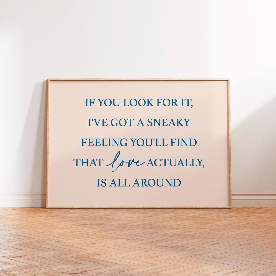 Love Actually Quote Poster Blue Serif On Blush Pink Landscape