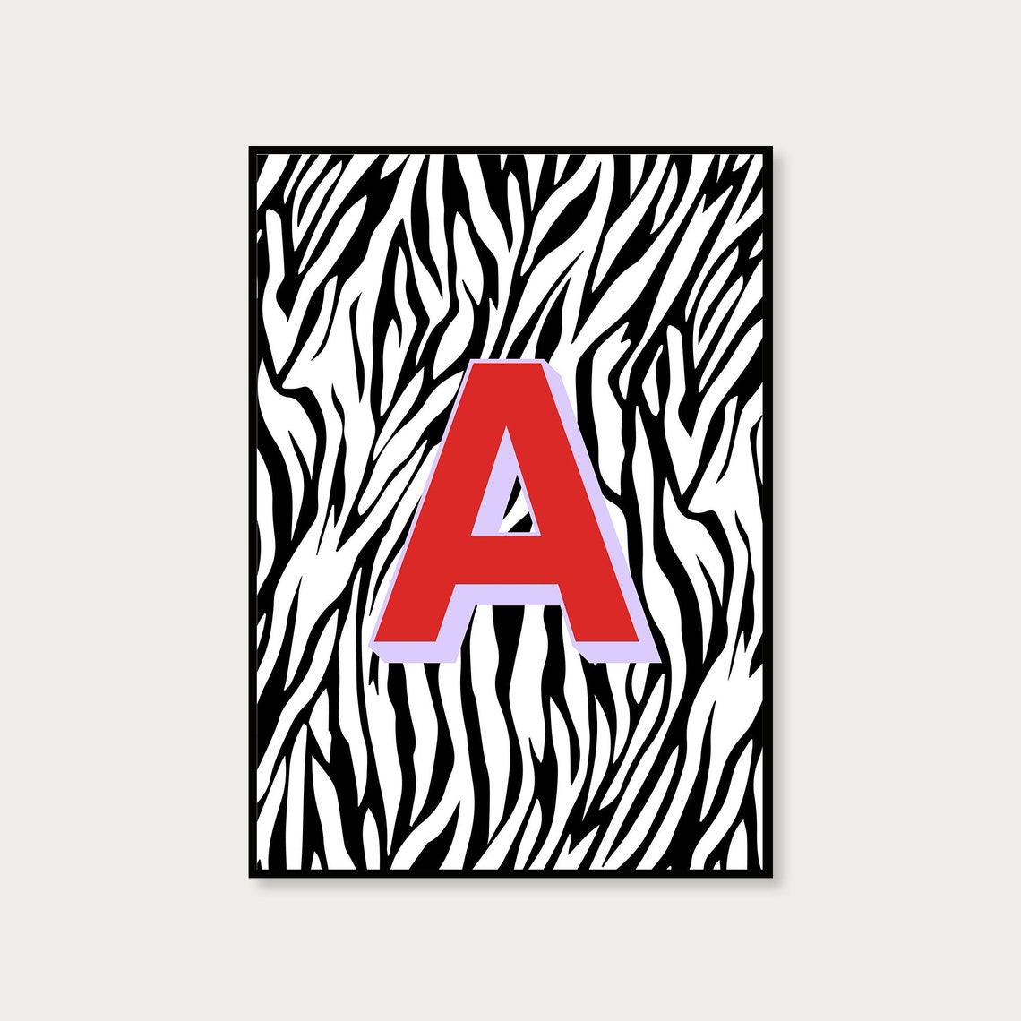 Personalised Initial Letter A Red on Zebra Pattern Alphabet Poster - Image 2