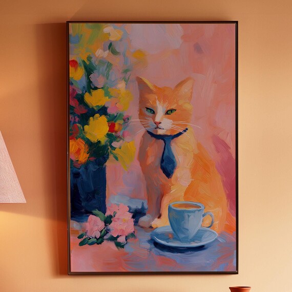 Dopamine Decor Cat Poster Kitsch Aesthetic Art Animal Humor Art Funny Wall Art Matisse Wall Art Trendy Wall Decor Colorful Art Print