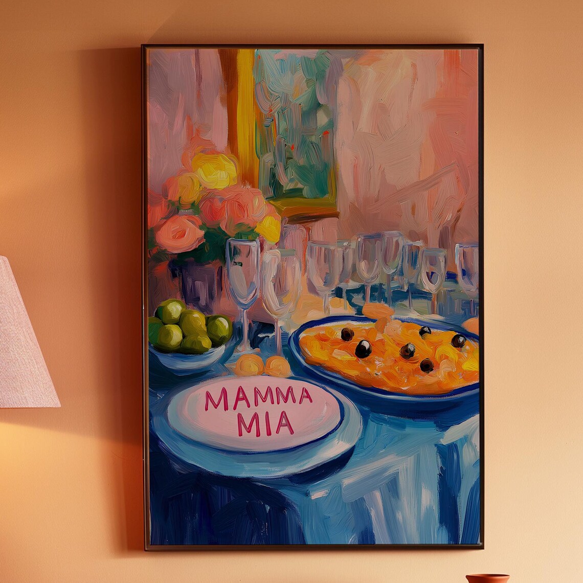 Mamma Mia Italian Feast Pizza Olives and Wine Glasses Poster