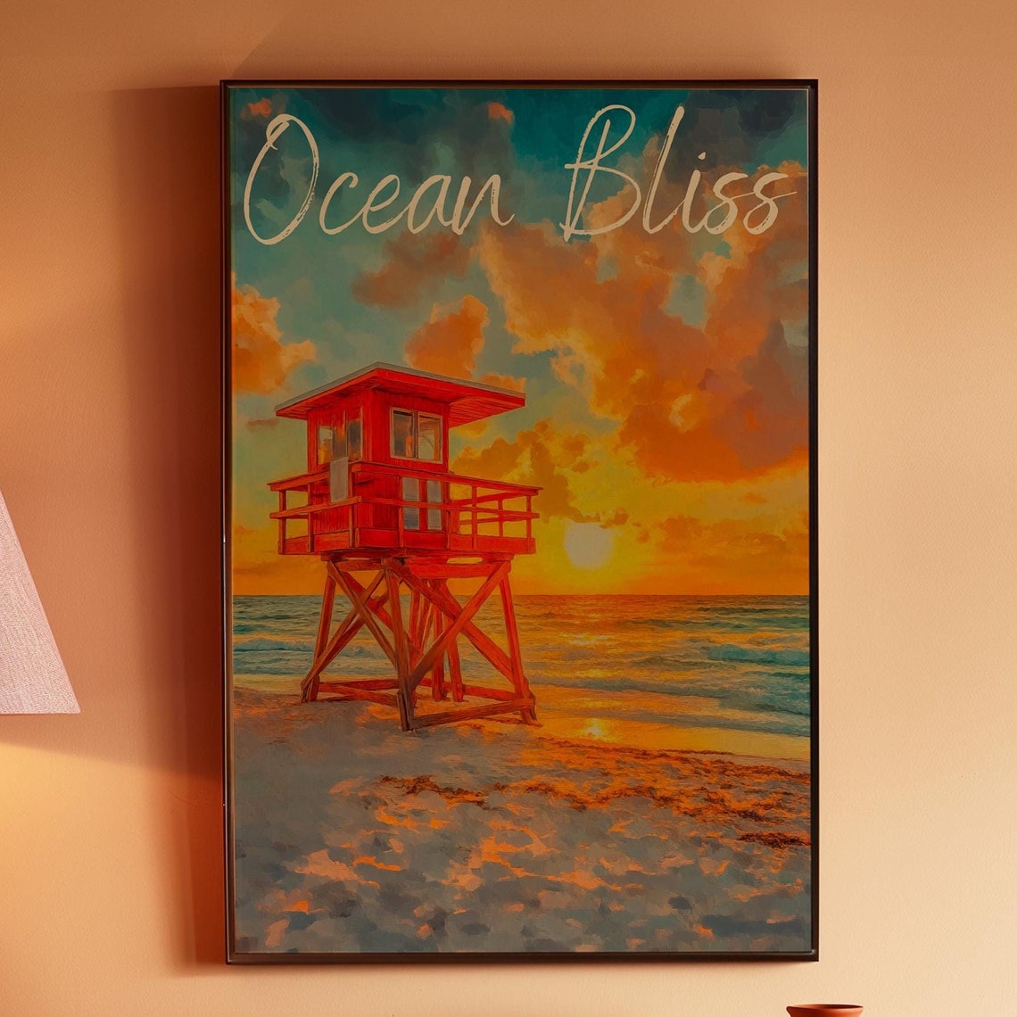 Ocean Bliss Sunset Beach Poster with Red Lifeguard Tower at Dusk