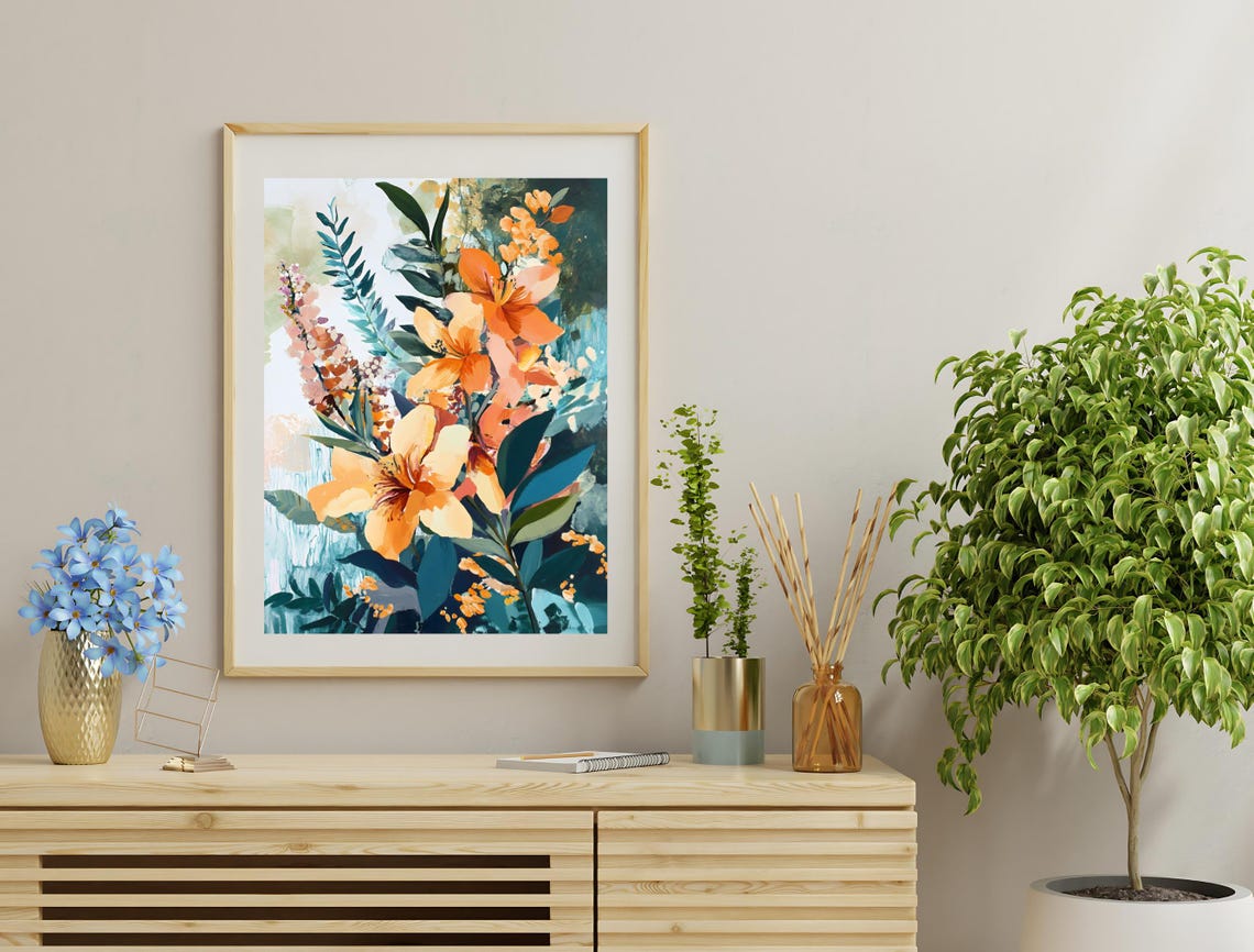 Orange Lilies Watercolor Bouquet Teal Leaves Colorful Summer Wall Art - Image 3