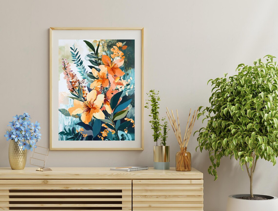 Watercolor Orange Lilies Teal Foliage Modern Botanical Flower Art Print - Image 3