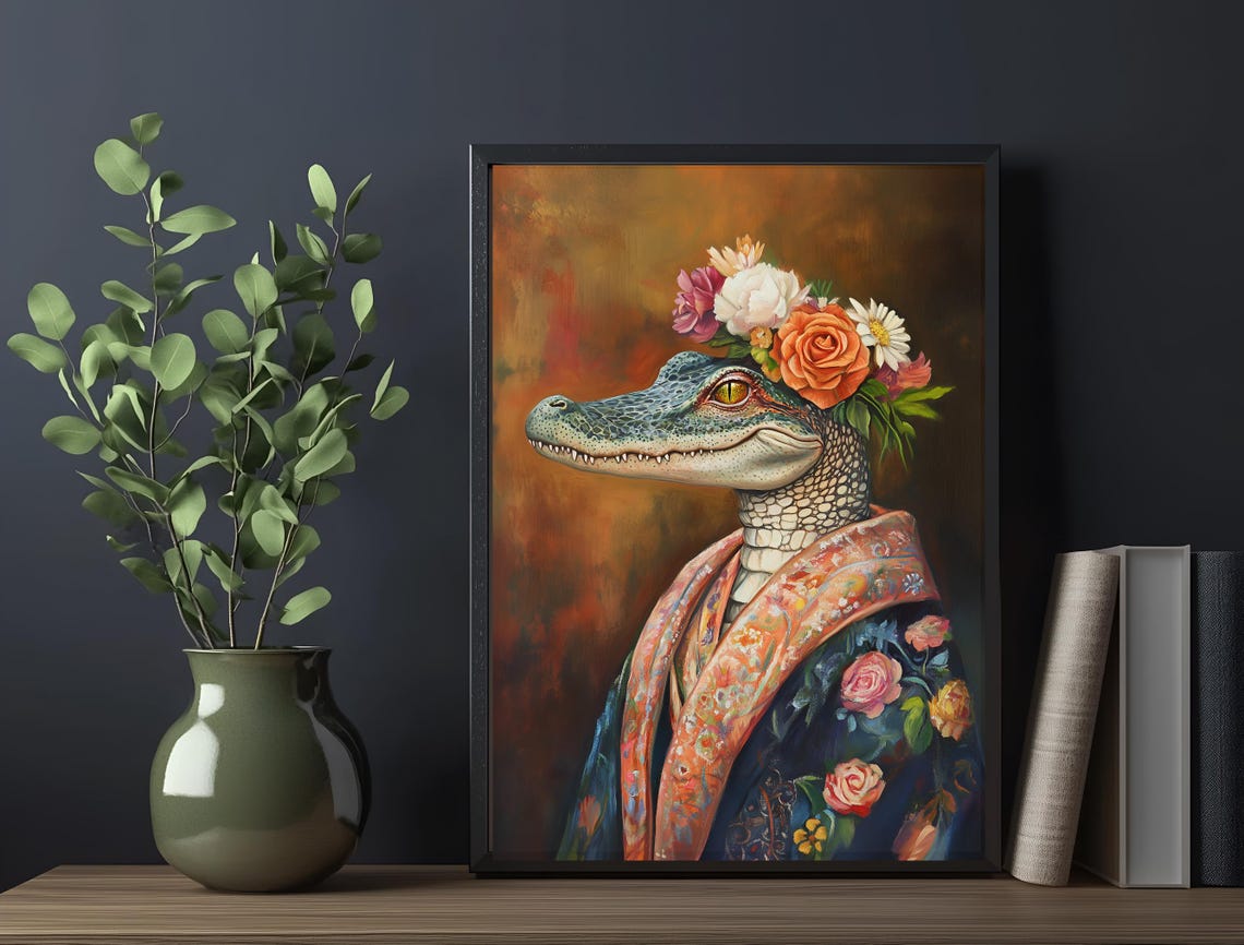 Alligator Flower Crown Floral Robe Regal Portrait Eclectic Art Poster - Image 6