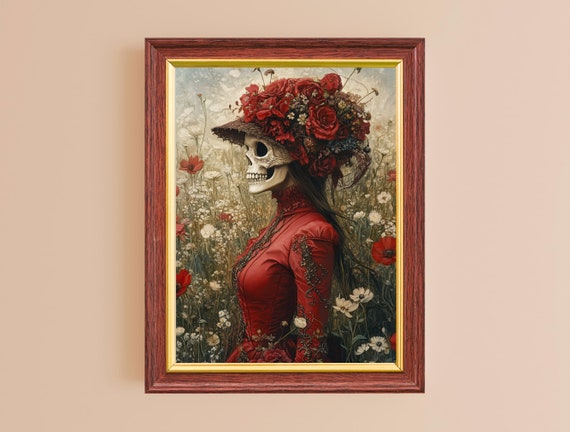 Skeleton Art Print Vintage Halloween Wall Decor Dark Maximaliste Floral Wall Art Bold Living Room Bedroom Prints